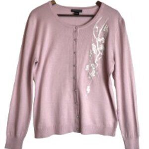 ESPERANZA PINK BUTTON FRONT CARDIGAN SWEATER WHITE FLORAL EMBROIDERY SIZE XL